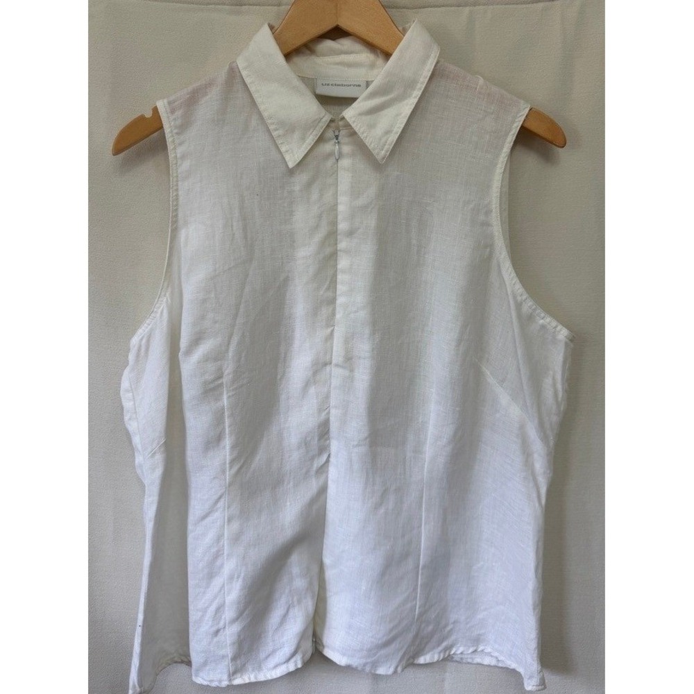 Liz Claiborne‎ 100% Linen Zip Front Sleeveless Top White Size 14